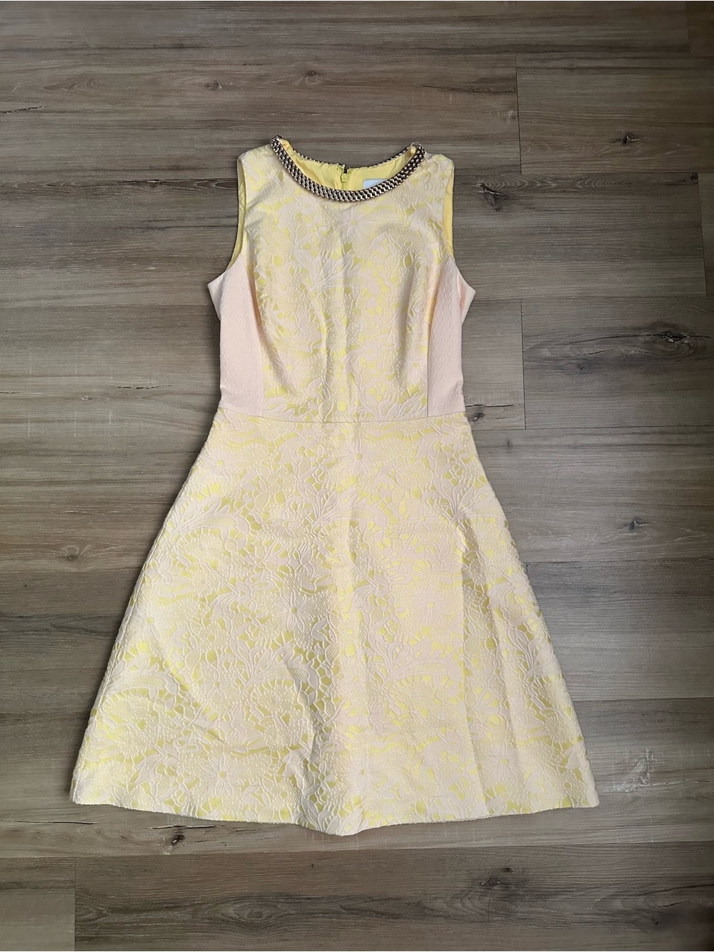 Beautiful Belle Badgley Mischka sleeveless fit-and-flare dress in a soft yellow